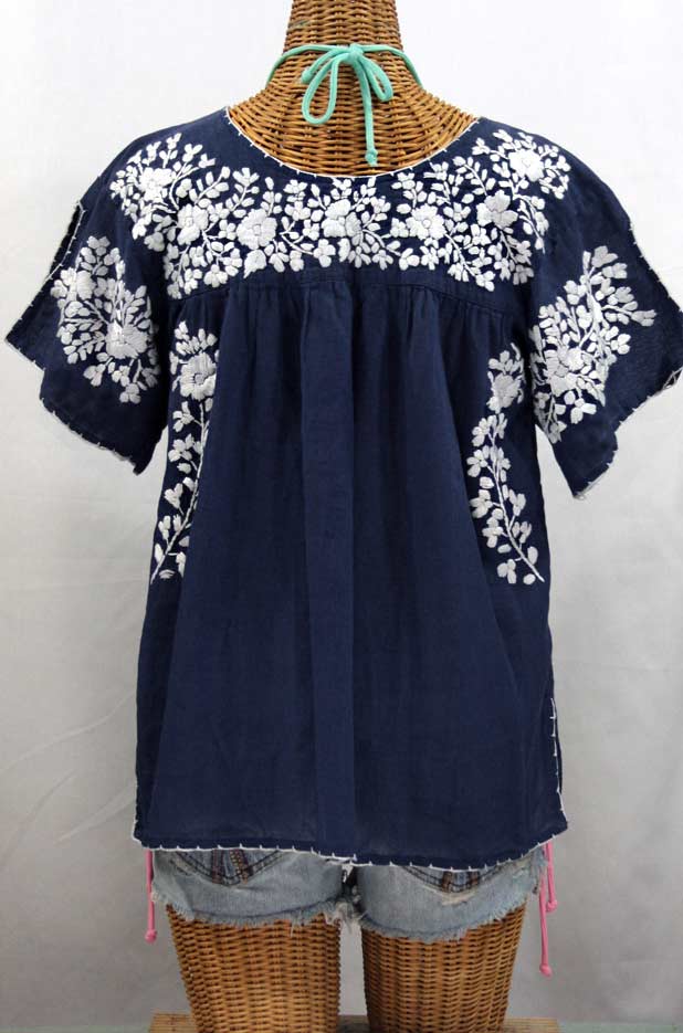"La Lijera" Embroidered Peasant Blouse Mexican Style -Navy + White