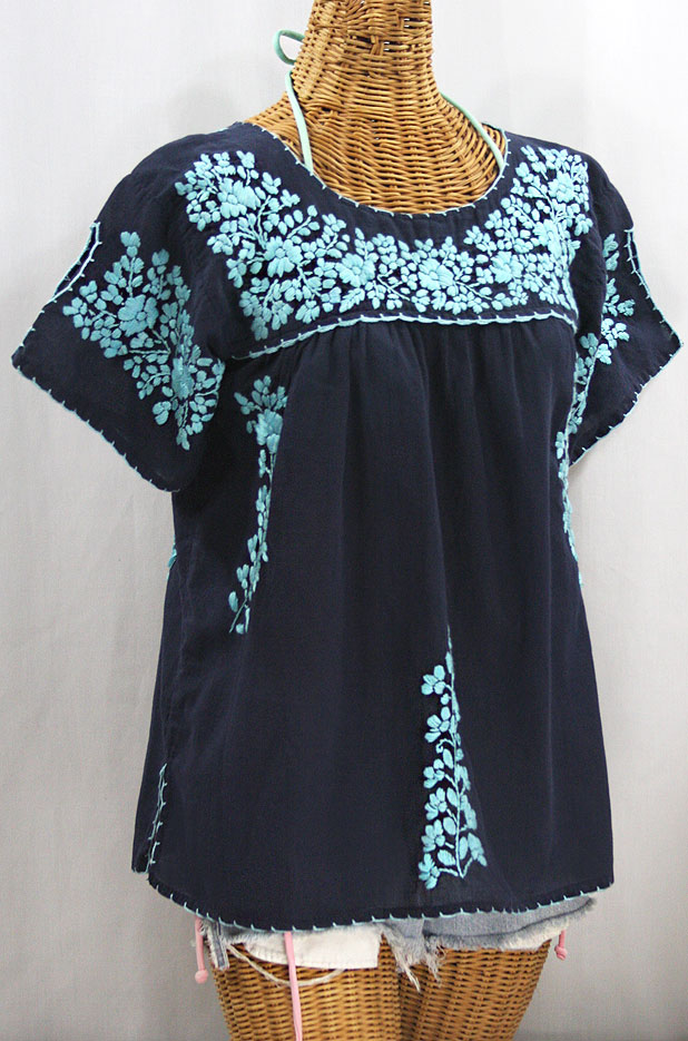 "La Lijera" Embroidered Peasant Blouse Mexican Style - Navy Blue + Neon Blue