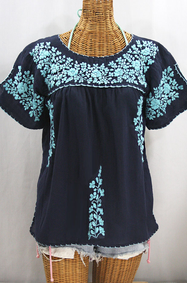 "La Lijera" Embroidered Peasant Blouse Mexican Style - Navy Blue + Neon Blue