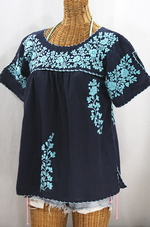 "La Lijera" Embroidered Peasant Blouse Mexican Style - Navy Blue + Neon Blue