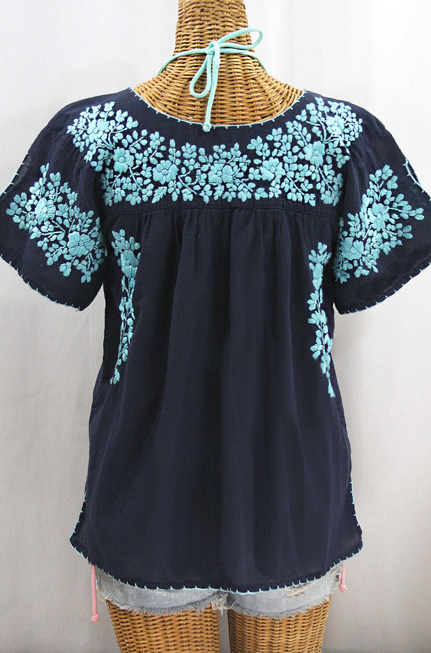 "La Lijera" Embroidered Peasant Blouse Mexican Style - Navy Blue + Neon Blue