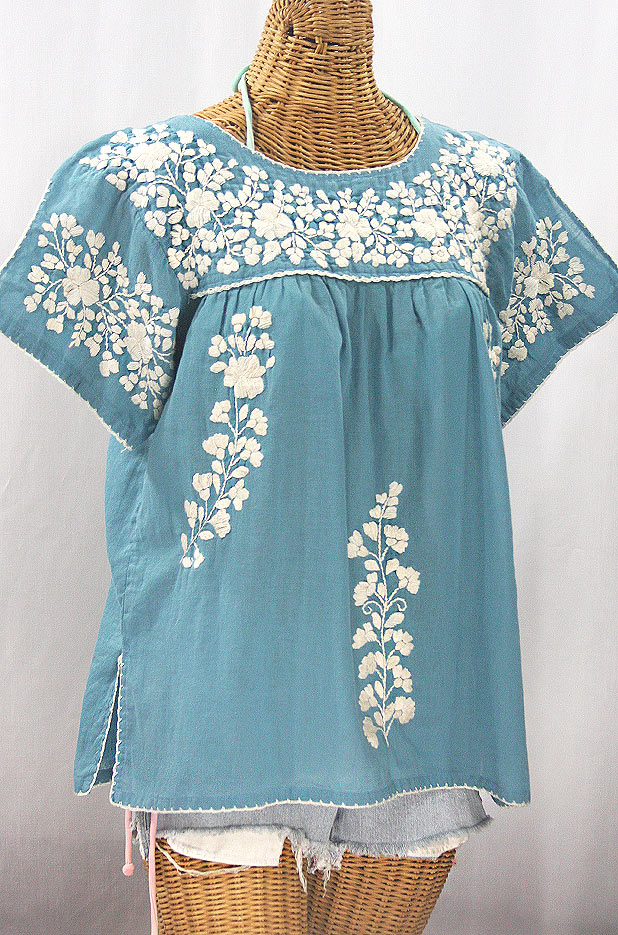 "La Lijera" Embroidered Peasant Blouse Mexican Style - Pool Blue + Cream