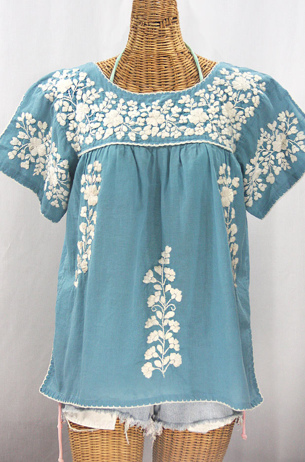 "La Lijera" Embroidered Peasant Blouse Mexican Style - Pool Blue + Cream