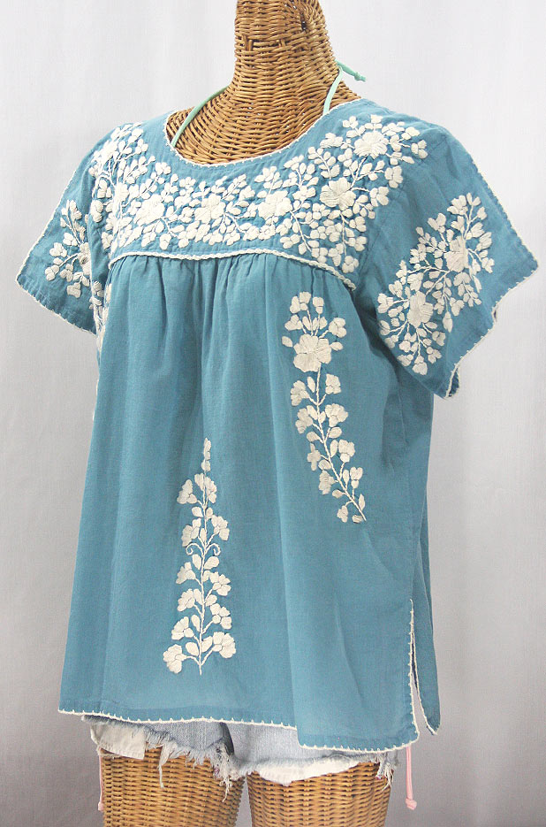 "La Lijera" Embroidered Peasant Blouse Mexican Style - Pool Blue + Cream