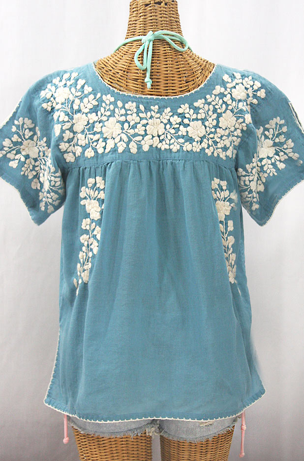 "La Lijera" Embroidered Peasant Blouse Mexican Style - Pool Blue + Cream