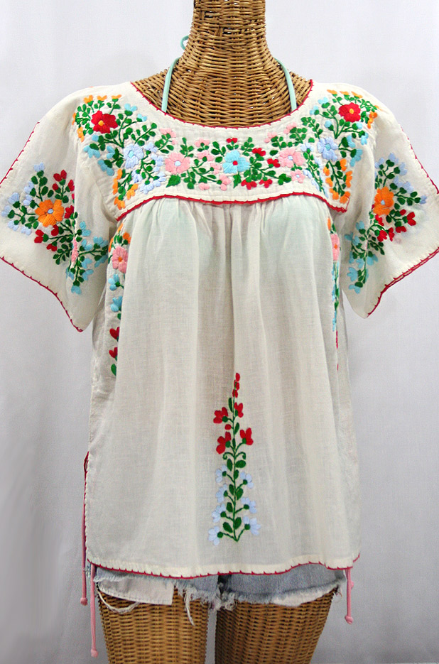 "La Lijera" Embroidered Peasant Blouse Mexican Style -Off White + Bright Multi-color