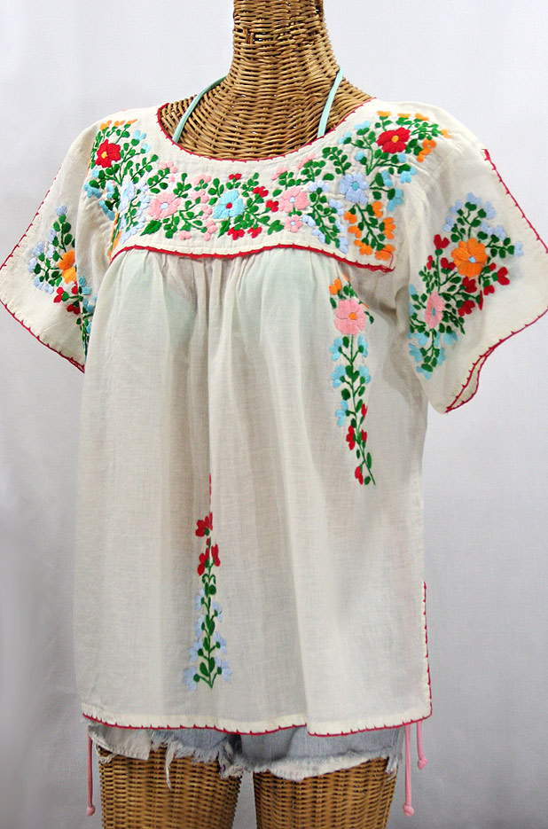 "La Lijera" Embroidered Peasant Blouse Mexican Style -Off White + Bright Multi-color