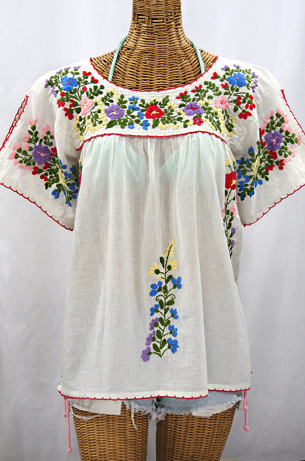 "La Lijera" Embroidered Mexican Blouse -Off White + Multi