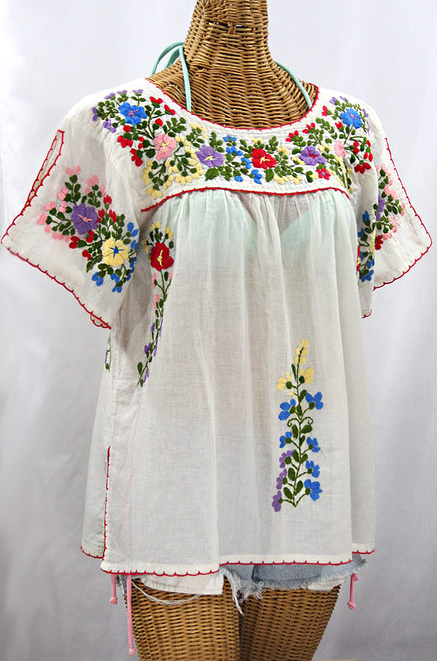 "La Lijera" Embroidered Mexican Blouse -Off White + Multi