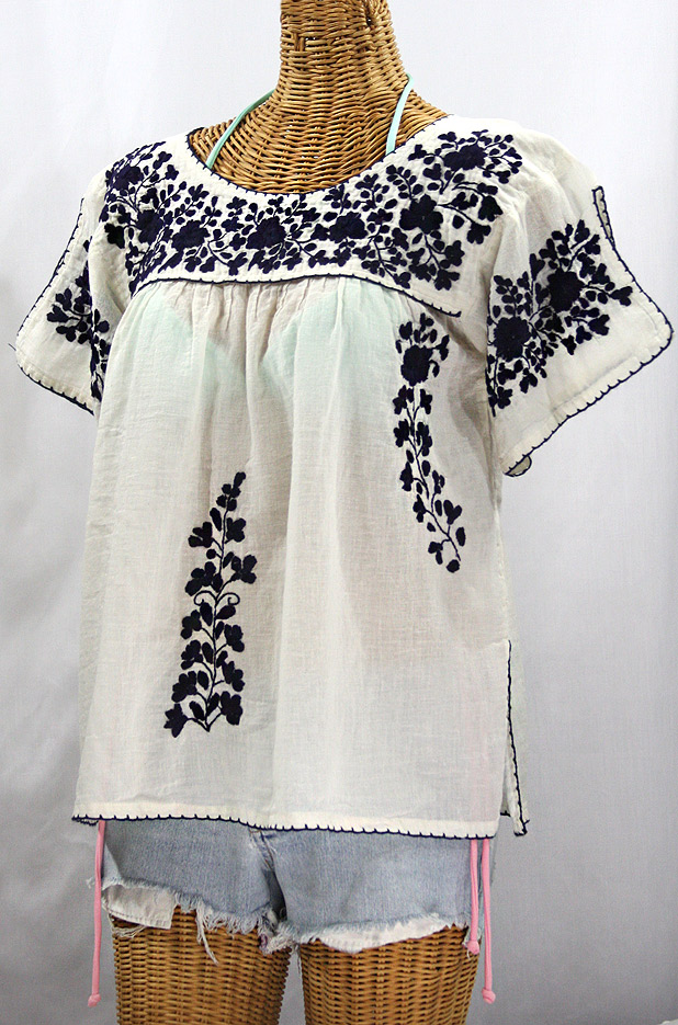 "La Lijera" Embroidered Peasant Blouse Mexican Style -Off White + Navy