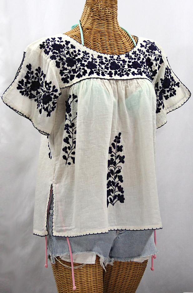 "La Lijera" Embroidered Peasant Blouse Mexican Style -Off White + Navy