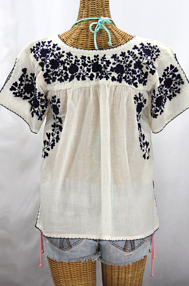 "La Lijera" Embroidered Peasant Blouse Mexican Style -Off White + Navy