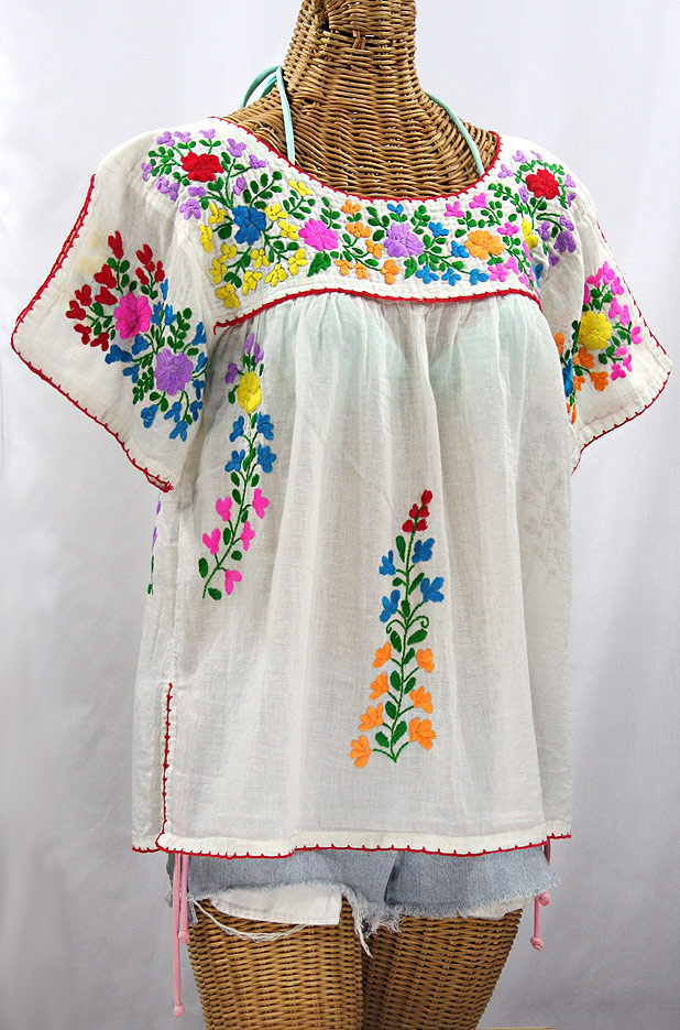 "La Lijera" Embroidered Peasant Blouse Mexican Style -Off White + Rainbow