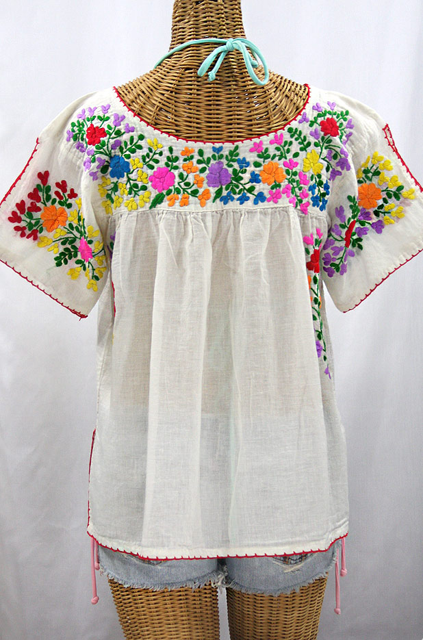 "La Lijera" Embroidered Peasant Blouse Mexican Style -Off White + Rainbow