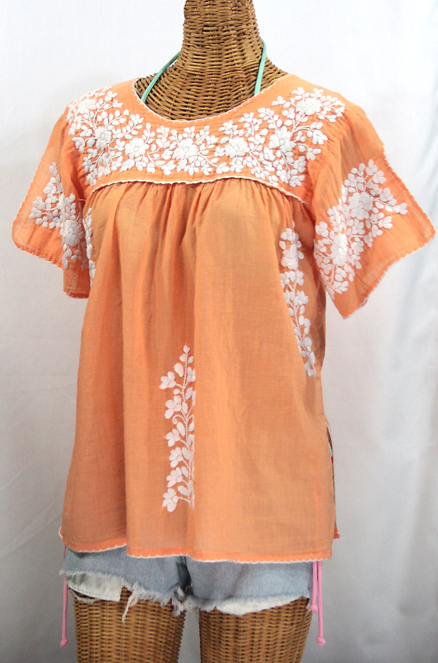 "La Lijera" Embroidered Peasant Blouse Mexican Style -Orange Cream + White