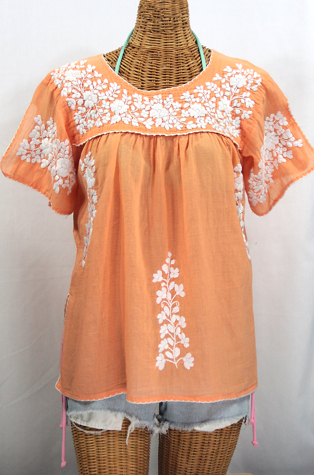 "La Lijera" Embroidered Peasant Blouse Mexican Style -Orange Cream + White