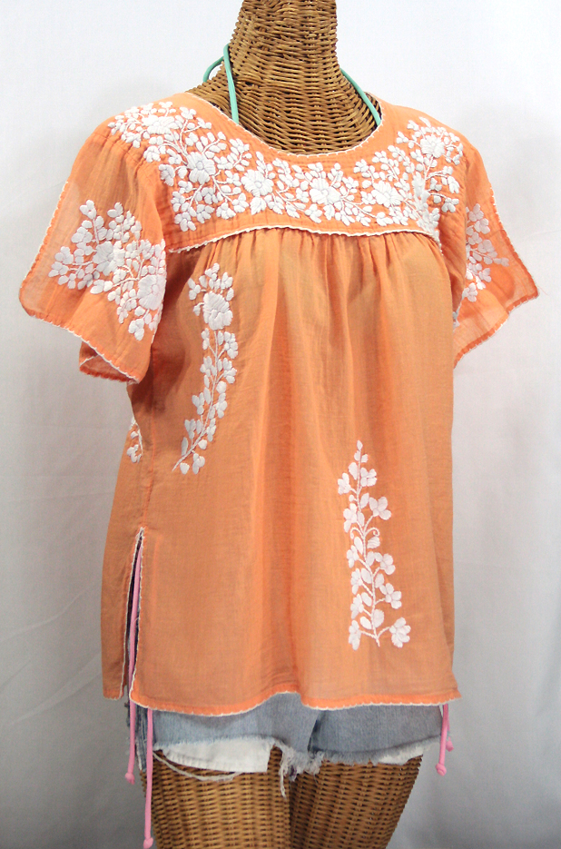 "La Lijera" Embroidered Peasant Blouse Mexican Style -Orange Cream + White