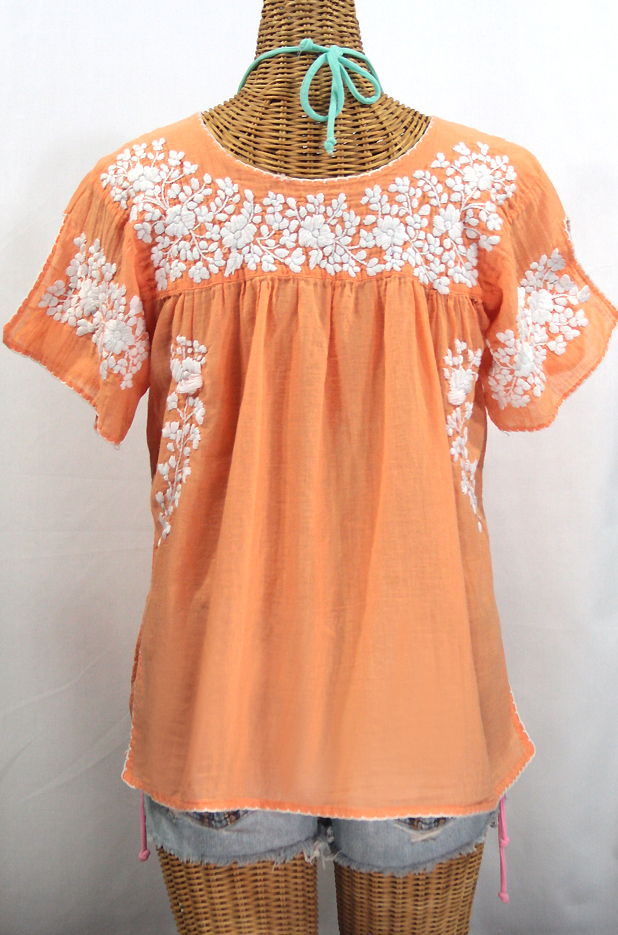 "La Lijera" Embroidered Peasant Blouse Mexican Style -Orange Cream + White