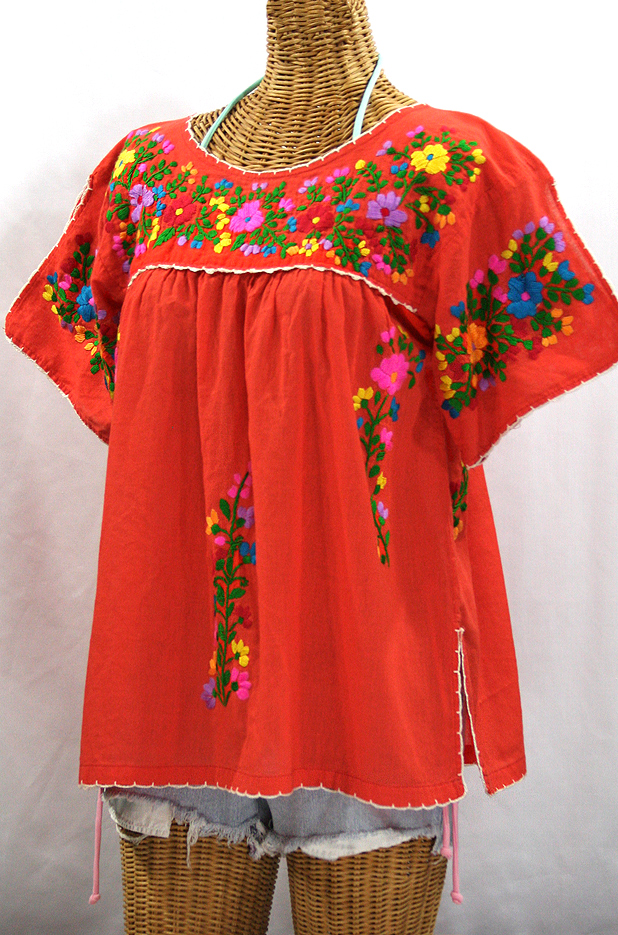 "La Lijera" Embroidered Peasant Blouse Mexican Style - Orange + Rainbow