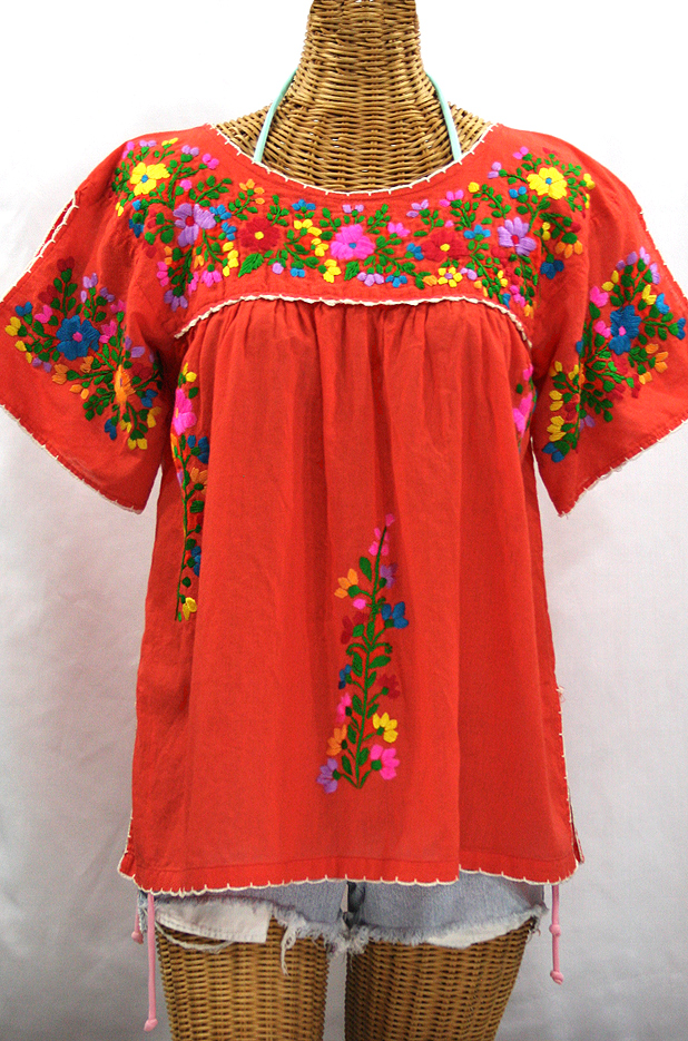 "La Lijera" Embroidered Peasant Blouse Mexican Style - Orange + Rainbow