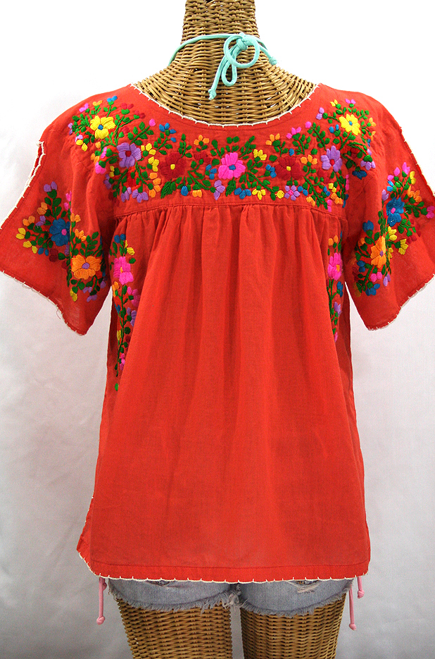"La Lijera" Embroidered Peasant Blouse Mexican Style - Orange + Rainbow