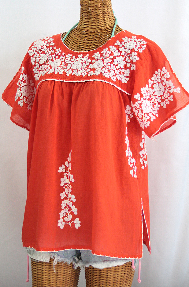 "La Lijera" Embroidered Peasant Blouse Mexican Style -Orange + White