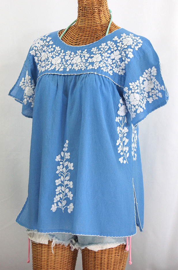 "La Lijera" Embroidered Peasant Blouse Mexican Style - Light Blue + White