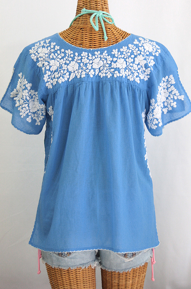 "La Lijera" Embroidered Peasant Blouse Mexican Style - Light Blue + White