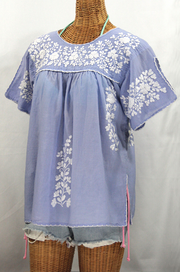 "La Lijera" Embroidered Peasant Blouse Mexican Style -Periwinkle + White