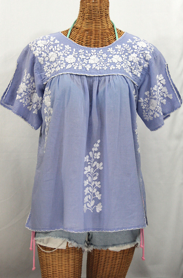 "La Lijera" Embroidered Peasant Blouse Mexican Style -Periwinkle + White