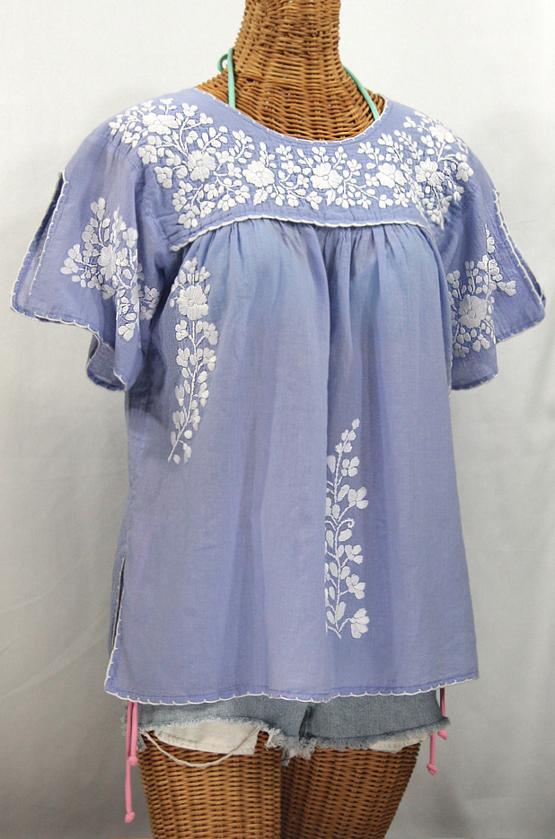 "La Lijera" Embroidered Peasant Blouse Mexican Style -Periwinkle + White