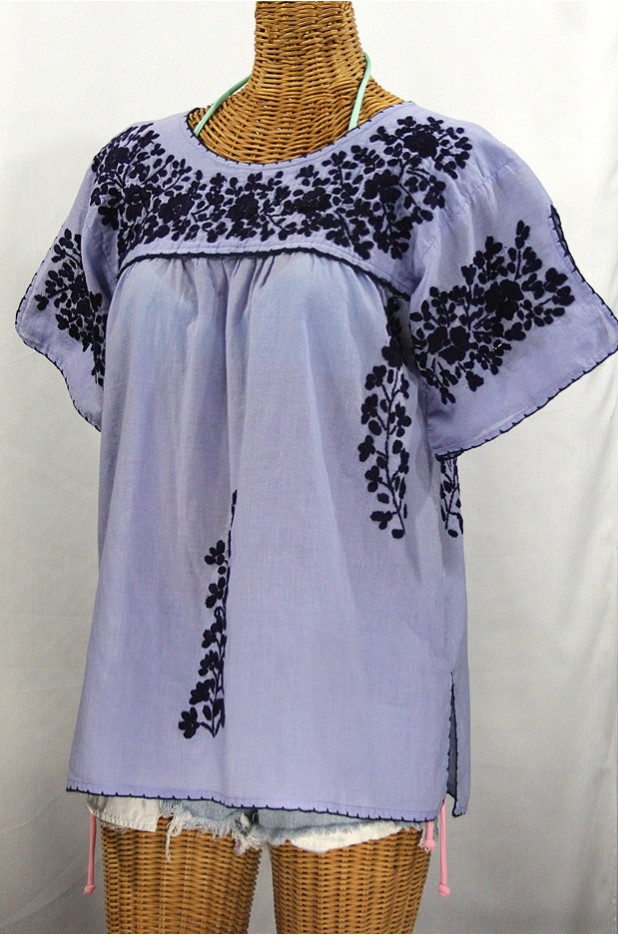 "La Lijera" Embroidered Peasant Blouse Mexican Style -Periwinkle + Navy Blue