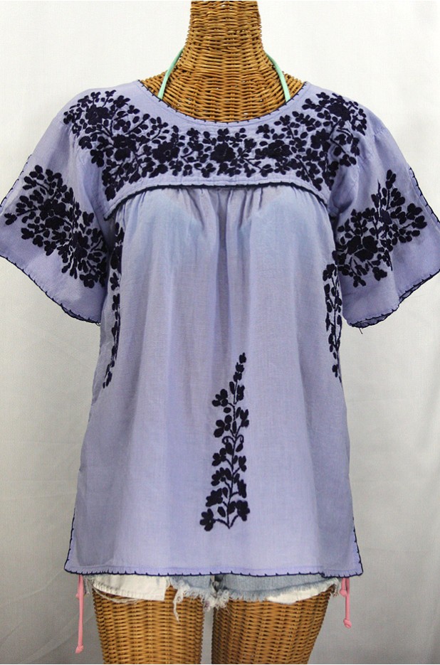 "La Lijera" Embroidered Peasant Blouse Mexican Style -Periwinkle + Navy Blue