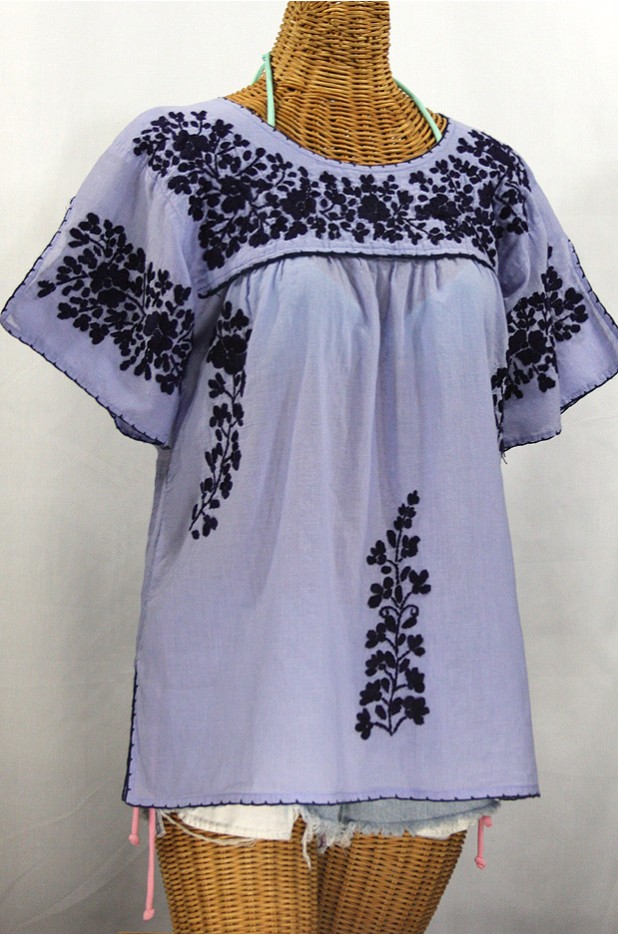 "La Lijera" Embroidered Peasant Blouse Mexican Style -Periwinkle + Navy Blue