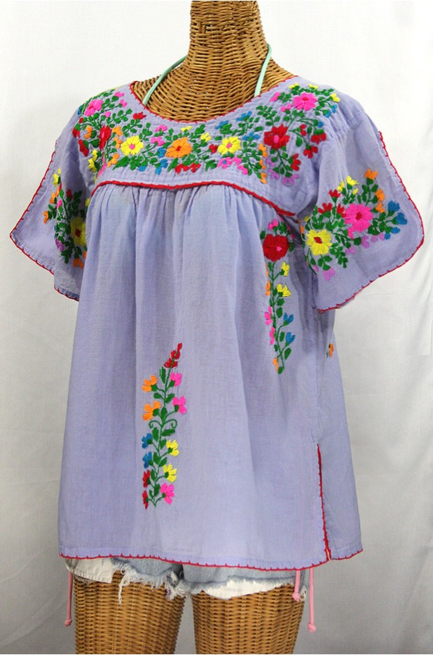 "La Lijera" Embroidered Peasant Blouse Mexican Style -Periwinkle + Rainbow