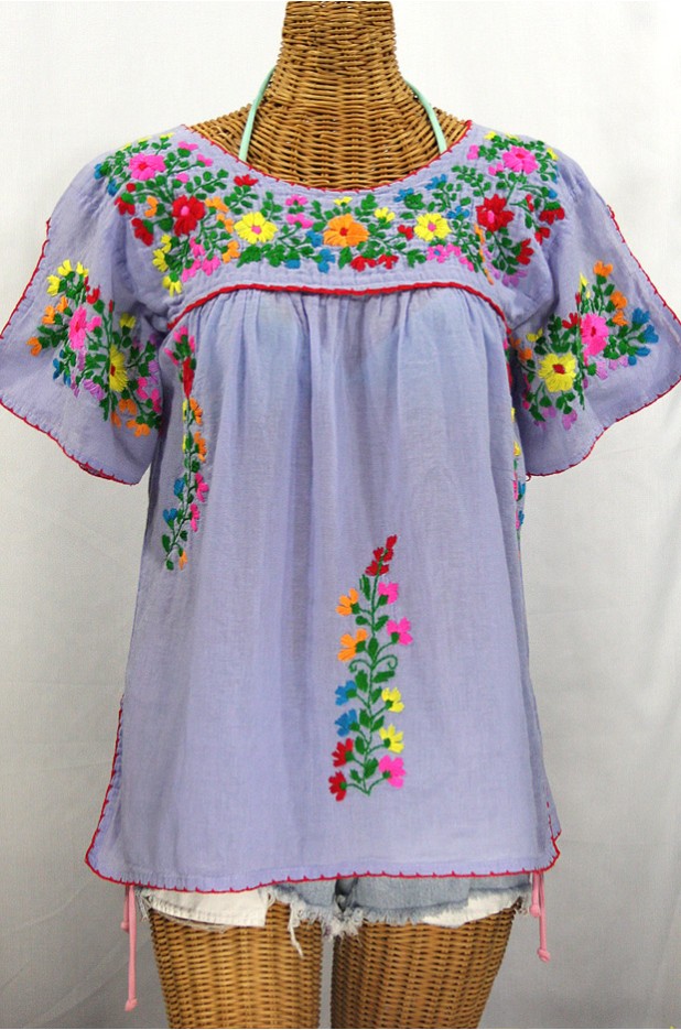 "La Lijera" Embroidered Peasant Blouse Mexican Style Periwinkle + Rainbow