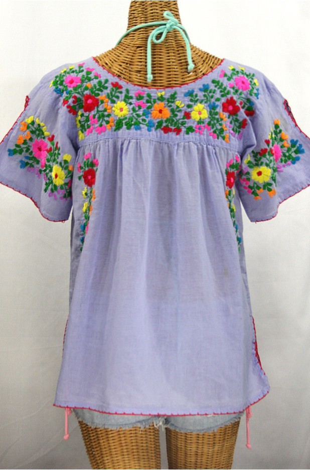 "La Lijera" Embroidered Peasant Blouse Mexican Style -Periwinkle + Rainbow