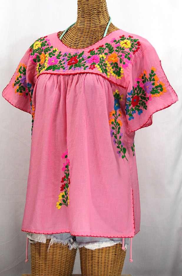 "La Lijera" Embroidered Peasant Blouse Mexican Style -Bubblegum Pink + Rainbow