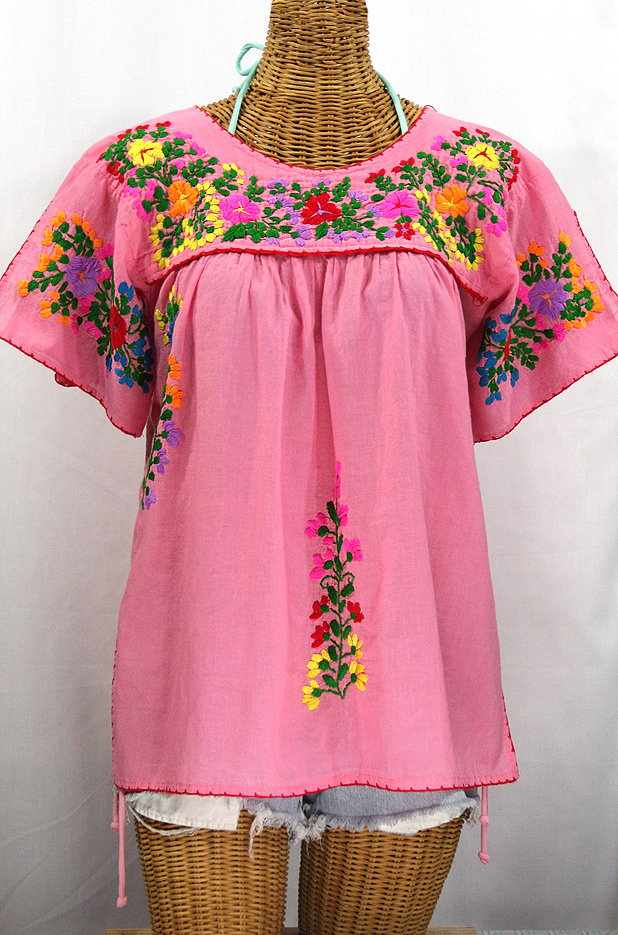 "La Lijera" Embroidered Peasant Blouse Mexican Style -Bubblegum Pink + Rainbow