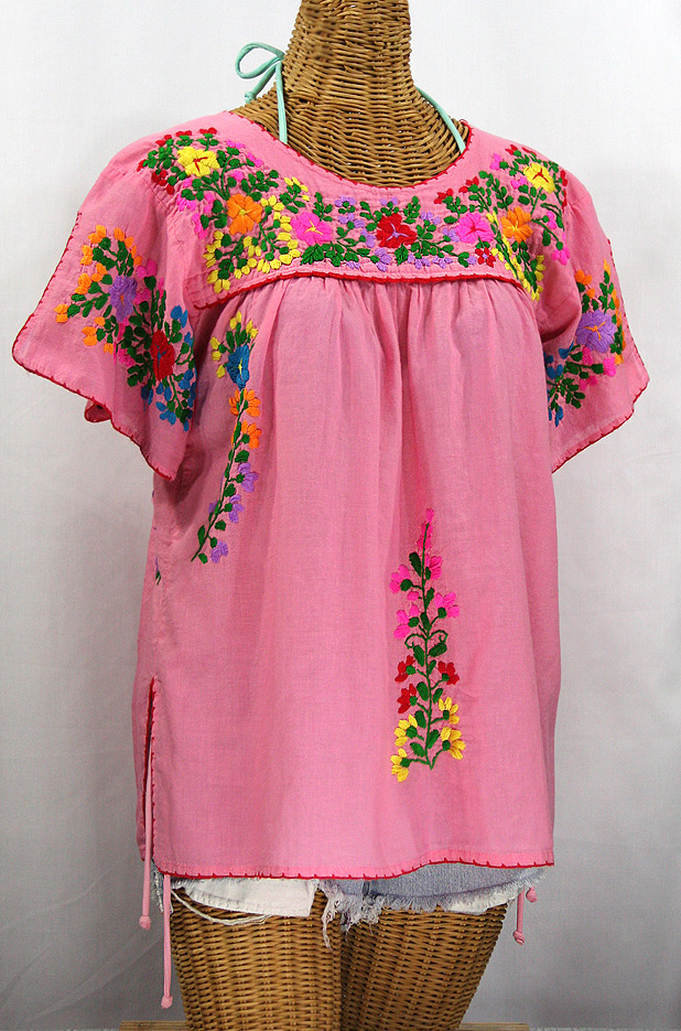 "La Lijera" Embroidered Peasant Blouse Mexican Style -Bubblegum Pink + Rainbow