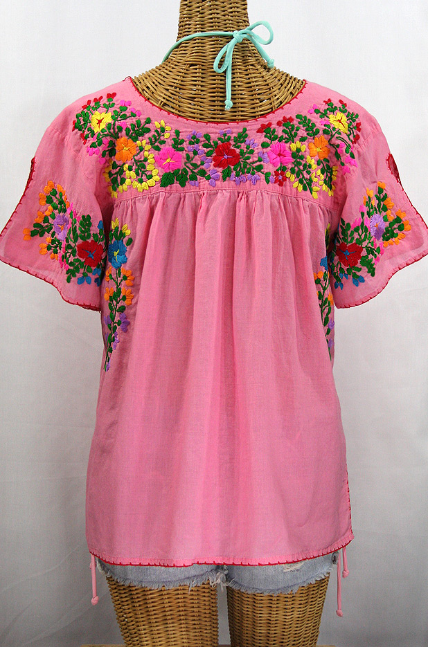 "La Lijera" Embroidered Peasant Blouse Mexican Style -Bubblegum Pink + Rainbow