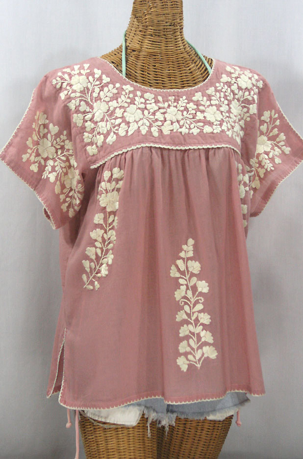 "La Lijera" Embroidered Peasant Blouse Mexican Style - Dusty Light Pink + Cream