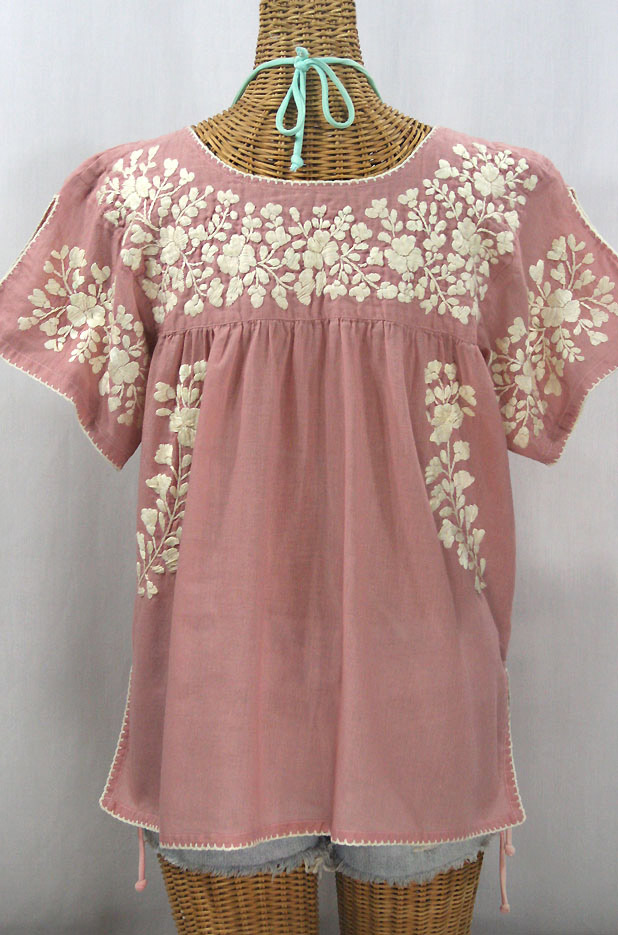 "La Lijera" Embroidered Peasant Blouse Mexican Style - Dusty Light Pink + Cream
