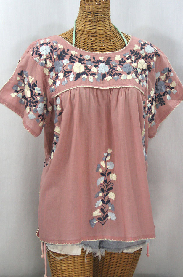 "La Lijera" Embroidered Peasant Blouse Mexican Style - Dusty Pink + Grey Mix