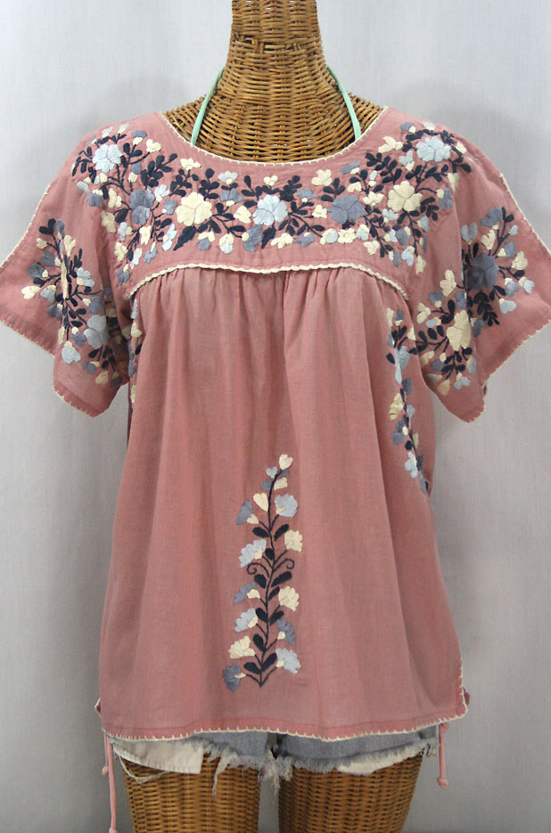"La Lijera" Embroidered Peasant Blouse Mexican Style - Dusty Pink + Grey Mix