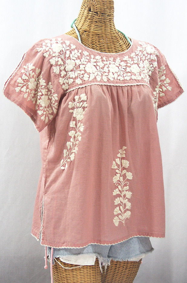 "La Lijera" Embroidered Peasant Blouse Mexican Style - Dusty Light Pink + Cream