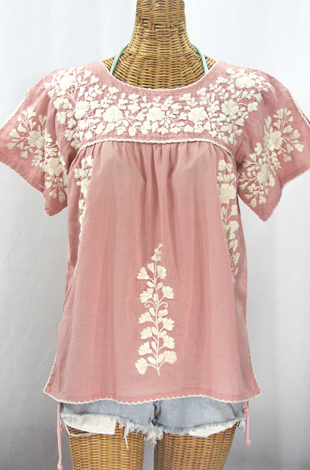 "La Lijera" Embroidered Peasant Blouse Mexican Style - Dusty Light Pink + Cream