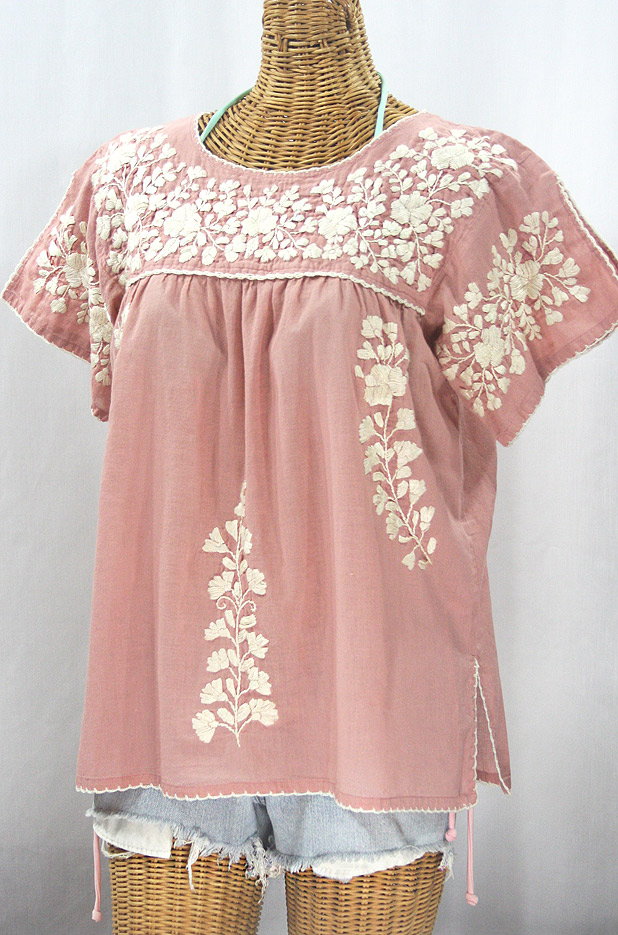 "La Lijera" Embroidered Peasant Blouse Mexican Style - Dusty Light Pink + Cream