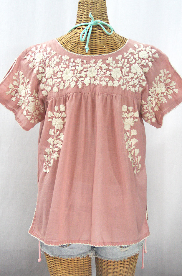 "La Lijera" Embroidered Peasant Blouse Mexican Style - Dusty Light Pink + Cream