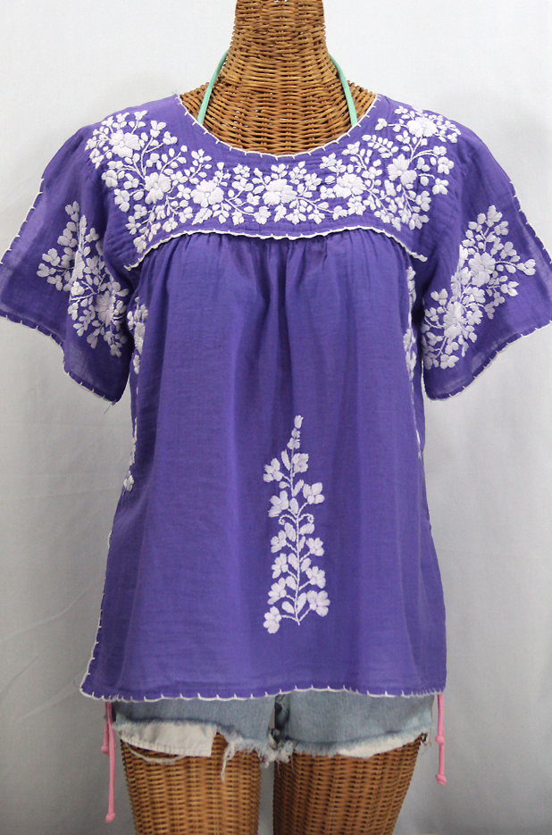 "La Lijera" Embroidered Peasant Blouse Mexican Style Purple + White